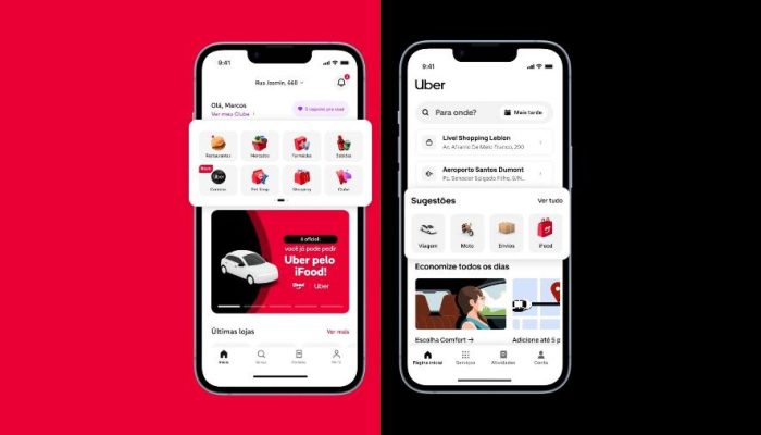 Interface do iFood com possibilidade de chamar corrida da Uber; e interface do iFood com aba para...